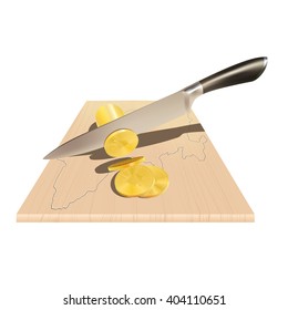 A knife cuts the coins on the board with a map. Isolated on white background. Vector illustration