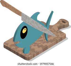 knife cuts fish lying on a cutting board isometric cooking icon