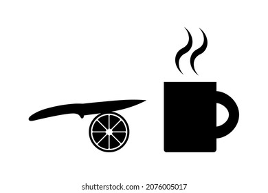 Cuchillo corta limón, taza con bebida caliente, signo negro para el diseño sobre fondo blanco, ilustración vectorial