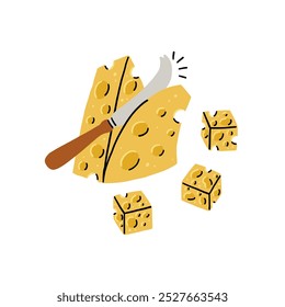 Knife Cuts a Piece of Triangular Cheese into Cubes. Food Vector Illustration in Hand Drawn Style on White Isolated Background