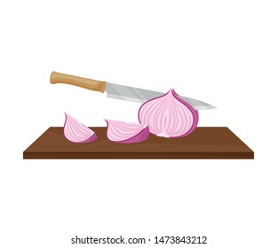 Knife cuts purple onions. Vector illustration on a white background.