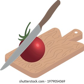 knife cuts a tomato on a cutting board isometric icon cooking concept