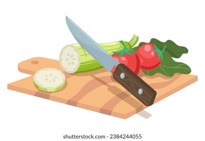Knife cuts vegetables vector. Salad preparing. Cucumber with tomatoes and lettuce. Natural and organic food with vitamins. Cartoon flat vector illustration isolated on white background