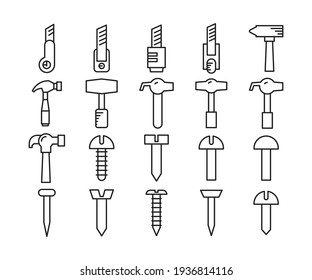 knife cutter, hammer nail and bolt icons set