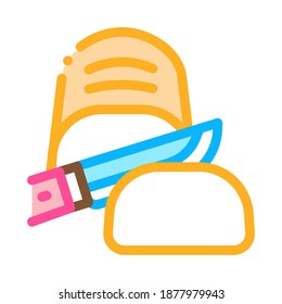 Knife Cutting Baked Bread Icon Thin Line Vector. Sliced Bread Piece Cut By Kitchen Utensil Delicious Nutrition Color Symbol Illustration