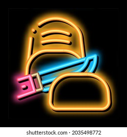 Knife Cutting Baked Bread neon light sign vector. Glowing bright icon Sliced Bread Piece Cut By Kitchen Utensil Delicious Nutrition sign. transparent symbol illustration