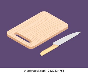Knife and cutting board. 3D isometric illustration. Kitchen utensil or kitchenware. Isolated vector for banner, poster, presentation, infographic, website, apps, and other uses.