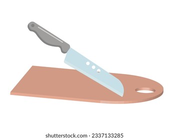 Cuchillo y tabla de corte en proyección 3D, artículos de cocina.