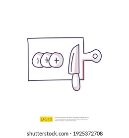 icono del doodle de cuchillo y tabla de corte para el concepto de cocina. Símbolo de signo de línea de relleno degradado