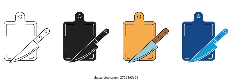 Faca e conjunto de ícone do tabuleiro de corte. Mesa de cozinha com ícone de faca, símbolo de tabuleiro de corte isolado no fundo branco. Ilustração vetorial.