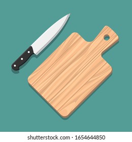 Knife and cutting board. Kitchen wooden chopping board and cutting chef knife drawing cartoon vector illustration svg