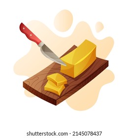 Messer, der Butter auf dem Schnittbrett, Vektorgrafik-Illustration einzeln auf weißem Hintergrund schneidet. 