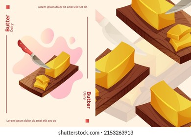 Knife cutting butter on the cut board vector cartoon card template. Breakfast food for restaurant, grocery shop or delivery service advertising.