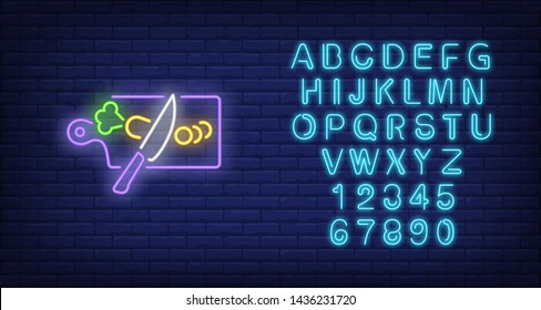 Knife cutting carrot on kitchen board neon sign. Cooking and kitchen concept design. Night bright neon sign, colorful billboard, light banner. Vector illustration in neon style.