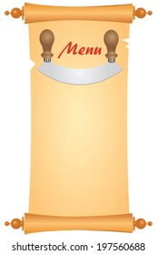 Knife for cutting greens on an old parchment to design a menu. Vector illustration.