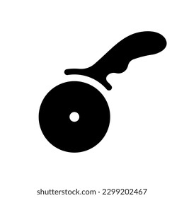 Knife for cutting pizza and cakes. Round black wheel cutter with handle for pizzeria and kitchen vector use