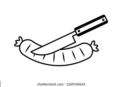 knife cutting a sausage on white background