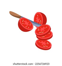 Knife cutting tomato vector illustration. Products and ingredients, cut vegetables for preparing healthy meal on white background. Food, nutrition, kitchen utensils concept