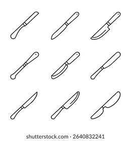 Knife and Cutting Tool Icons Set. Simple Line Art Illustrations of Various Knives
