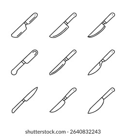Knife and Cutting Tool Icons Set. Simple Line Art Illustrations of Various Knives

