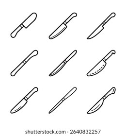 Knife and Cutting Tool Icons Set. Simple Line Art Illustrations of Various Knives

