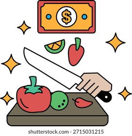 Un cuchillo es cortar verduras en una tabla de cortar. Las verduras incluyen un tomate, una naranja y un pimiento. Un billete de un dólar está flotando por encima de las verduras