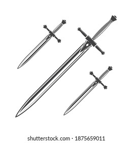 Knife, dagger and sword isolated on the white background. Vector illustration Knight equipment icon knife, dagger and sword isolated silhouette.