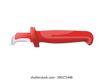 Knife electrician. Knife for cutting insulation stranded wires and cables. Knife for isolation. With a red plastic handle. Electrician power tools. Isolated on white background.