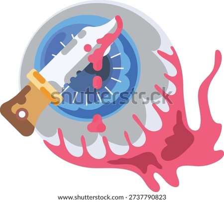 A knife is embedded in the eye of a fierce, menacing monster
