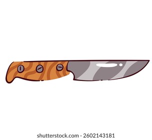 Knife featuring wooden handle and sharp patterned blade. Wild west tool, wilderness, culinary arts, or Western motifs. Cartoon vector illustration.