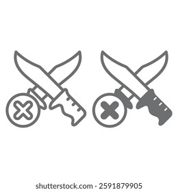 Knife fight ban line and solid icon, prohibited items concept. Vector graphics. Crossed knives prohibition sign on white background, outline style icon for mobile or web design