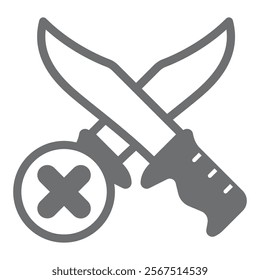 Knife fight ban solid icon, prohibited items concept. Vector graphics. Crossed knives prohibition sign on white background, glyph style icon for mobile or web design