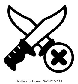 Knife fight ban solid icon, prohibited items concept. Vector graphics. Crossed knives prohibition sign on white background, glyph style mobile or design