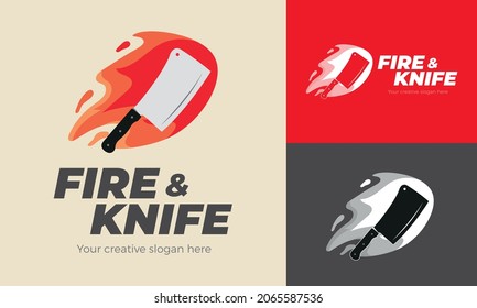 plantilla de logotipo de cuchillo y fuego. para el restaurante de carnes a la parrilla. logotipo modificable en vector