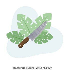 Knife flat vector Illustration Icon decorated with leaves for web use for kitchen knife, blade, cooking utensil, stainless steel