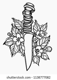 Knife in flowers. Vector illustration imitates traditional ink painting. Graphic hand drawn. Textile fabric design. Golden inking.