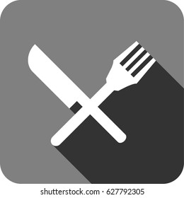 knife and folk cross white vector icon in grey background with long shadow
