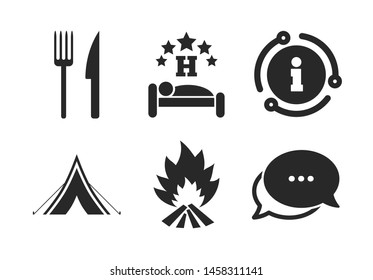 Knife and fork. Chat, info sign. Food, sleep, camping tent and fire icons. Hotel or bed and breakfast. Road signs. Classic style speech bubble icon. Vector