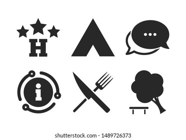 Knife and fork. Chat, info sign. Food, hotel, camping tent and tree icons. Break down tree. Road signs. Classic style speech bubble icon. Vector