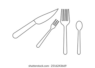 Cuchillo y tenedor continuo de una línea de dibujo y aislado día mundial de la comida contorno icono de Vector