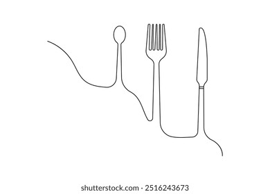 Knife and fork continuous one line drawing and isolated world food day outline vector icon