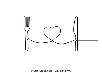 Knife and fork continuous one line drawing of outline vector illustration