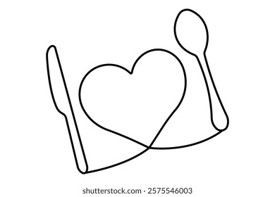 Knife and fork continuous one line drawing of outline vector illustration