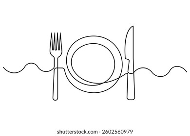 knife and fork continuous one line art drawing of heart hand drawn vector illustration

