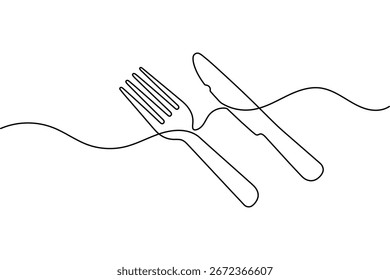 Knife and fork continuous one line drawing minimalist style outline vector illustration