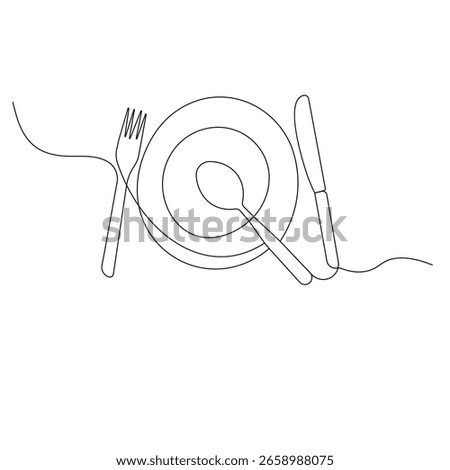Knife and fork continuous one line drawing of outline vector illustration	