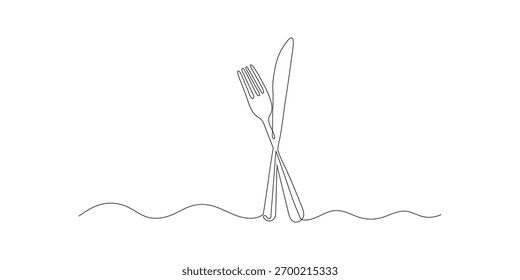 Knife and fork continuous single line outline vector art drawing