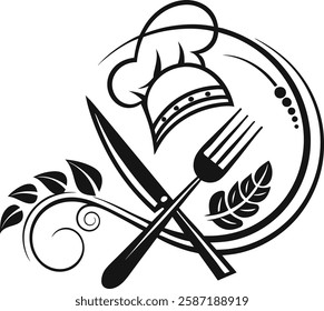 A knife and fork are crossed in front of the plate and hat. They have a simple, modern design. The knife blade points to the upper right, and the fork's tines point to the upper left.