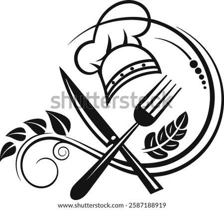 A knife and fork are crossed in front of the plate and hat. They have a simple, modern design. The knife blade points to the upper right, and the fork's tines point to the upper left.