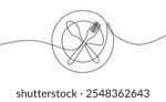 A knife and fork crossed on a plate, captured in a continuous one line drawing style. Minimalist food concept.